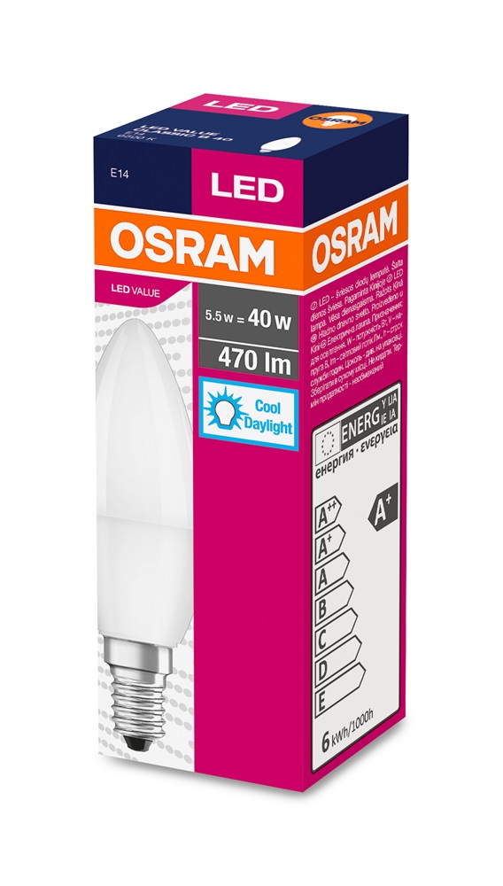Osram Value opál búra/5,5W/470lm/6500K/E14 LED gyertya izzó