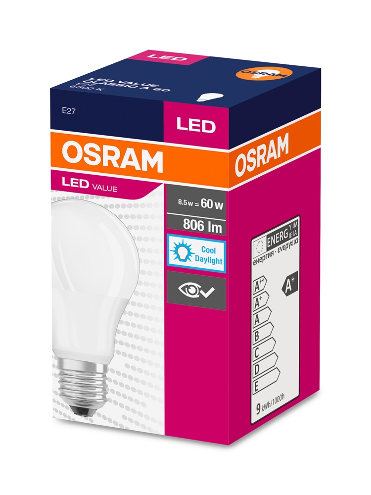 Osram Value opál búra/8,5W/806lm/6500K/E27 LED körte izzó
