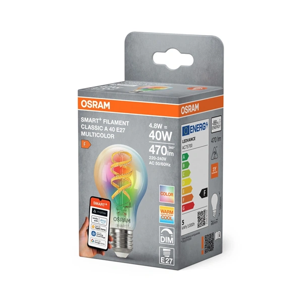 Osram SMART+ MATTER A60 filament RGBW, H40W.állíth.színhőm.4, 8W, E27 fényforrás