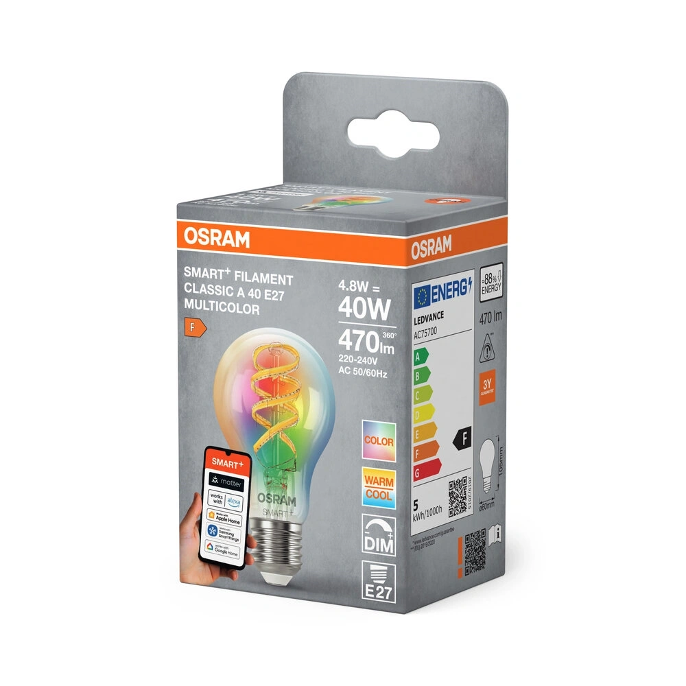 Osram SMART+ MATTER A60 filament RGBW, H40W.állíth.színhőm.4, 8W, E27 fényforrás