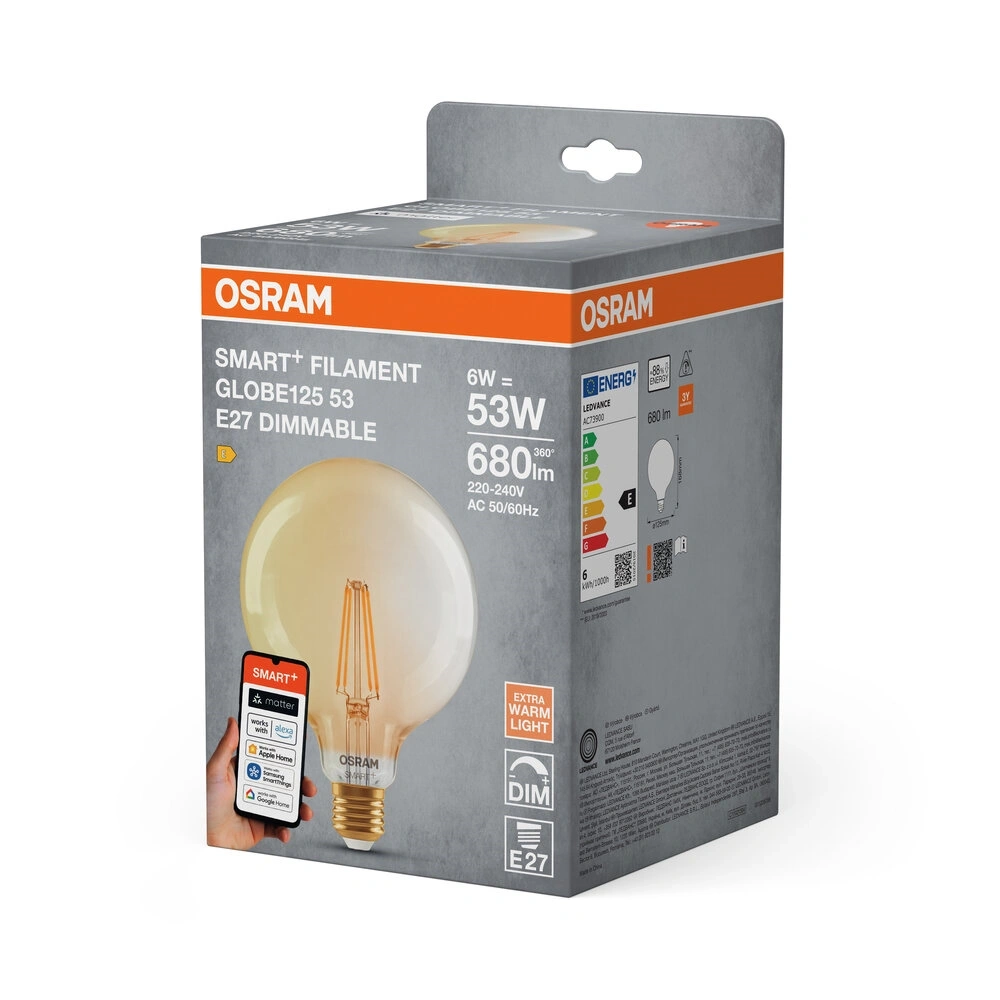 Osram SMART+ MATTER Classic Edison Globe125, arany H53W, dimm, 6W, 2400K, E27 fényforrás