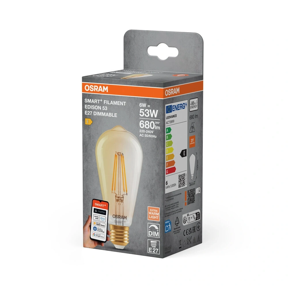Osram SMART+ MATTER Classic Edison ST64 H53W, dimm, 6W, 2400K, E27 fényforrás