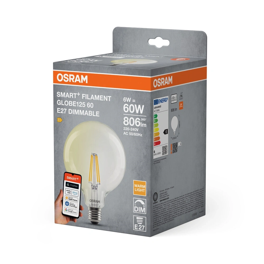 Osram SMART+ MATTER Classic Globe125, H60W, dimm.6W, 2700K, E27 fényforrás