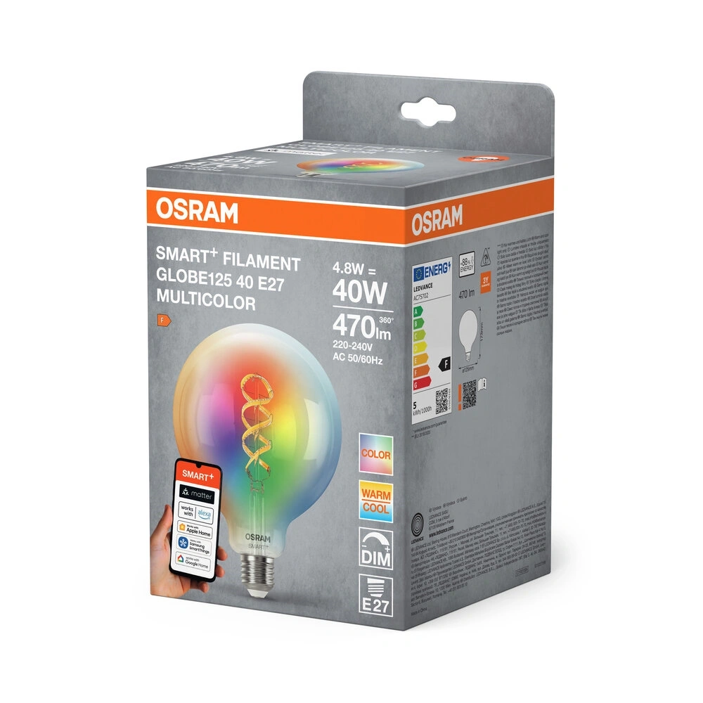 Osram SMART+ MATTER G125 filament RGBW, H40W, állíth.színhőm, 4, 8W, E27 fényforrás