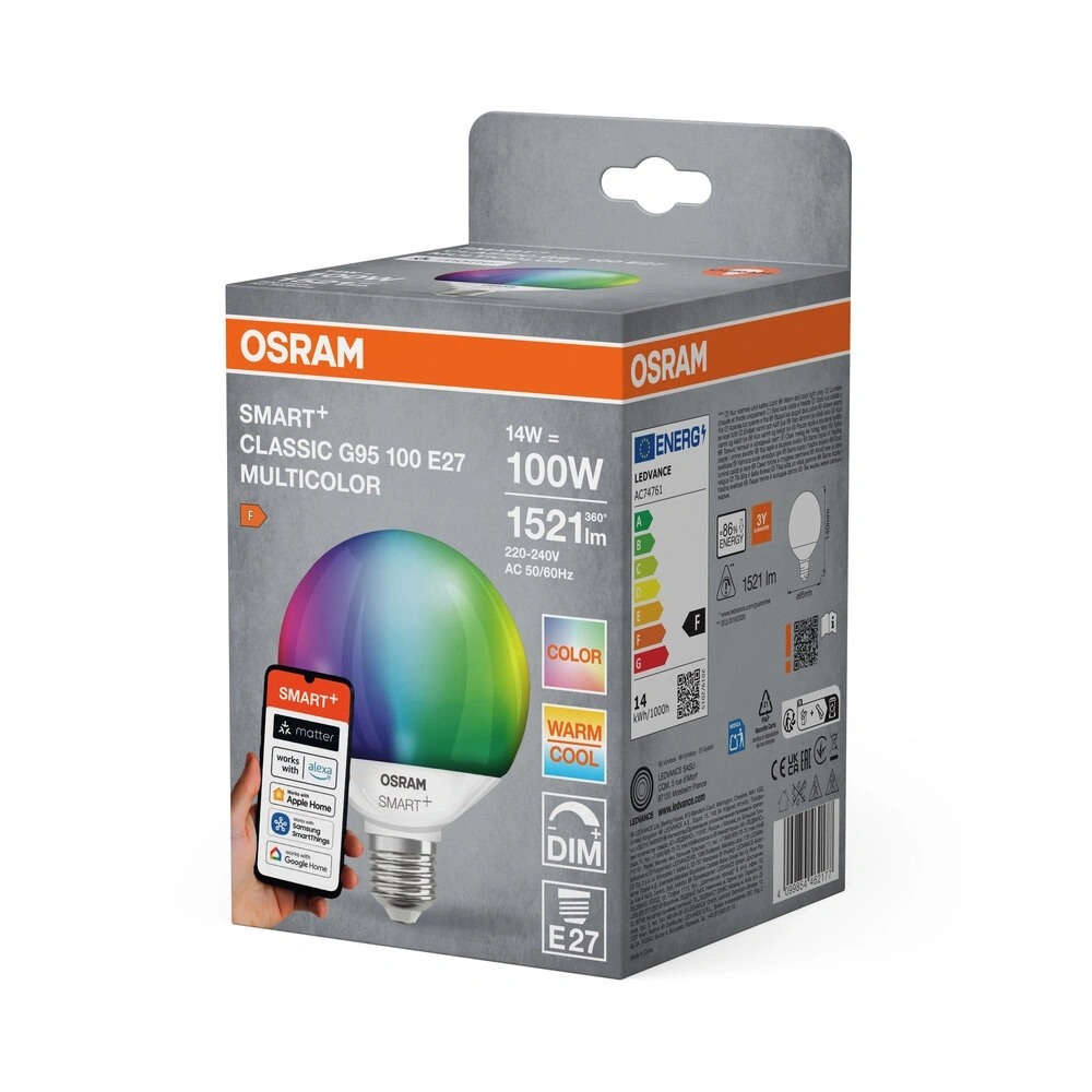 Osram SMART+ MATTER G95 RGBW, állíth.színhőm. matt, 14W E27 fényforrás