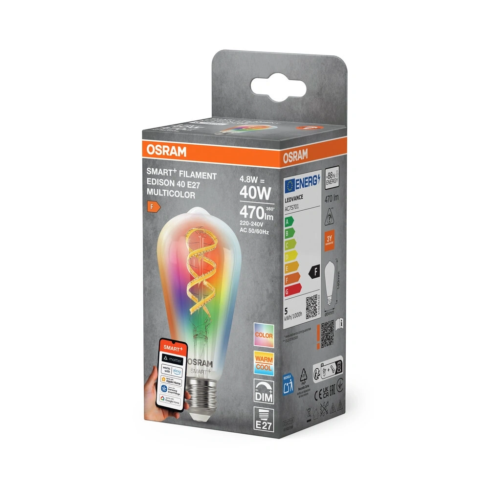 Osram SMART+ MATTER ST64 filament RGBW, H40W, állíth.színhőm.4, 8W, E27 fényforrás