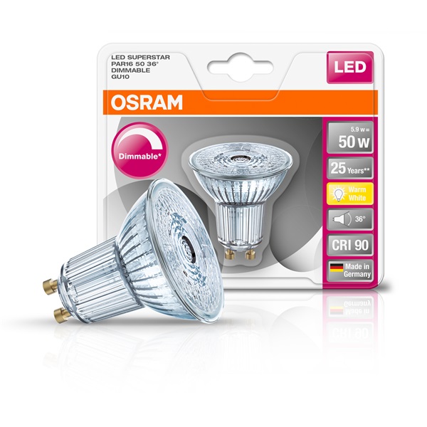 Osram Superstar PAR16 üveg ház/5,5W/350lm/2700K/GU10/230V dimmelhető LED spot izzó