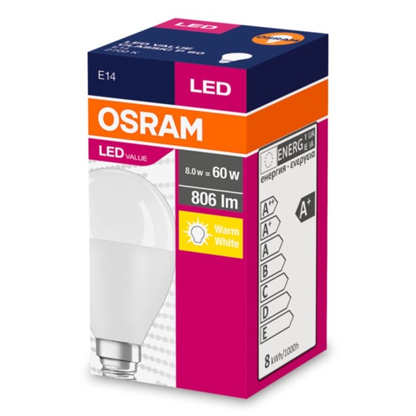Osram Value opál búra/7W/827lm/2700K/E14 LED kisgömb izzó