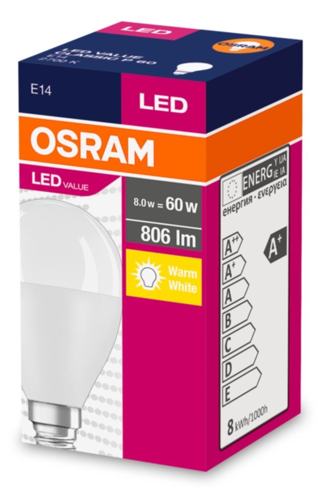 Osram Value opál búra/7W/827lm/2700K/E14 LED kisgömb izzó