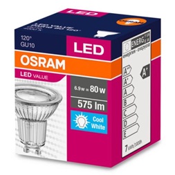 Osram Value PAR16 üveg ház/6,9W/575lm/4000K/GU10/230V/hideg fehér/120fok LED spot izzó