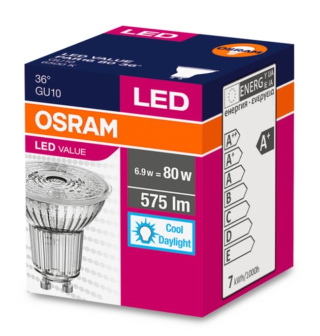 Osram Value PAR16 üveg ház/6,9W/575lm/6500K/GU10/230V/nappali fényű/36fok LED spot izzó