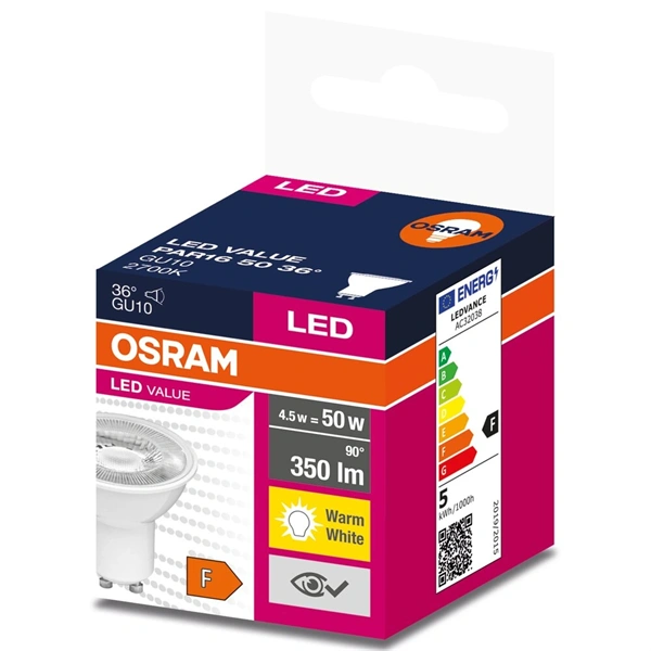 Osram Value PAR16 műanyag ház/5W/350lm/2700K/GU10/230V/36fok/70lm/W LED spot izzó