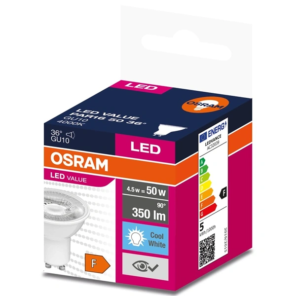Osram Value PAR16 műanyag ház/5W/350lm/4000K/GU10/230V/36fok/70lm/W LED spot izzó