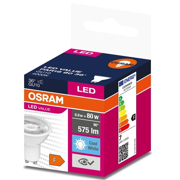 Osram Value PAR16 műanyag ház/6,9W/575lm/4000K/GU10/230V/36fok/83lm/W LED spot izzó