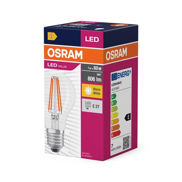 Osram Value átlátszó üveg búra/7W/827lm/2700K/E27 LED körte izzó
