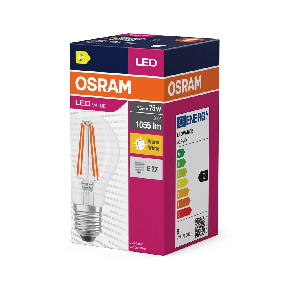 Osram Value átlátszó üveg búra/8W/827lm/2700K/E27 LED körte izzó