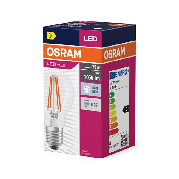 Osram Value átlátszó üveg búra/8W/840lm/4000K/E27 LED körte izzó