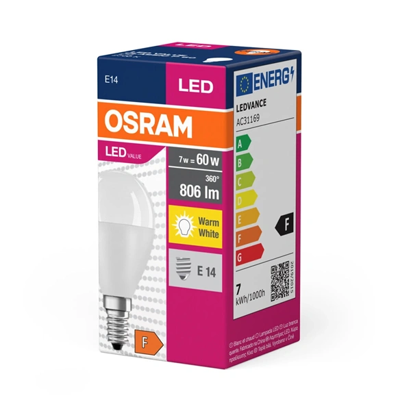 Osram Value opál búra/7W/827lm/2700K/E14 LED kisgömb izzó