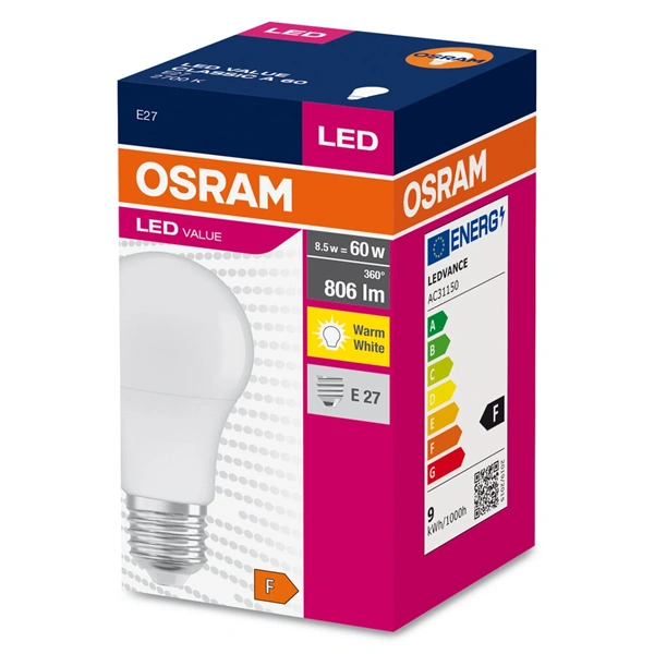 Osram Value opál búra/8,5W/827lm/2700K/E27 LED körte izzó