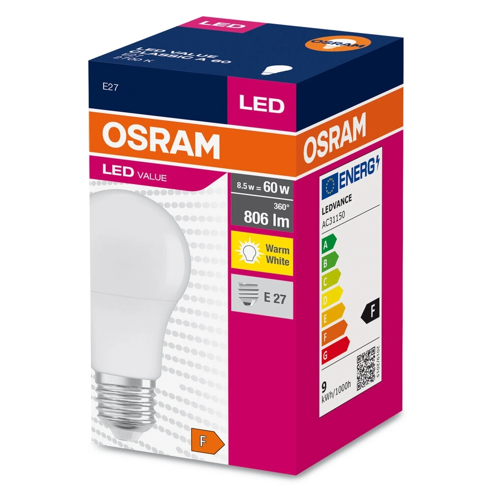Osram Value opál búra/8,5W/827lm/2700K/E27 LED körte izzó