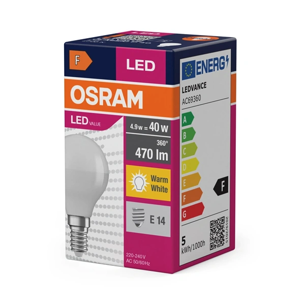 Osram Value opál meleg fehér/4,9W/827lm/2700K/E14 LED kisgömb izzó