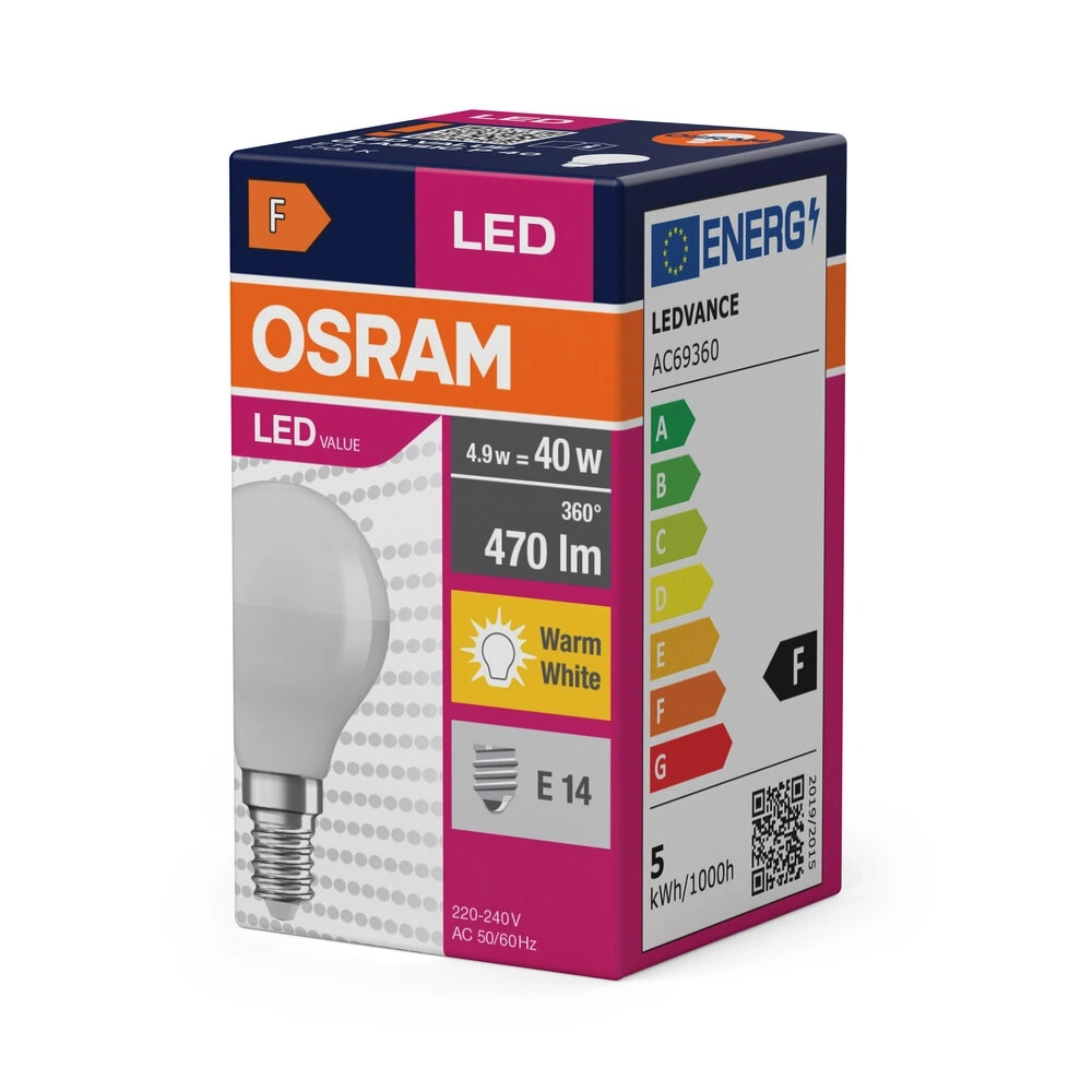 Osram Value opál meleg fehér/4,9W/827lm/2700K/E14 LED kisgömb izzó
