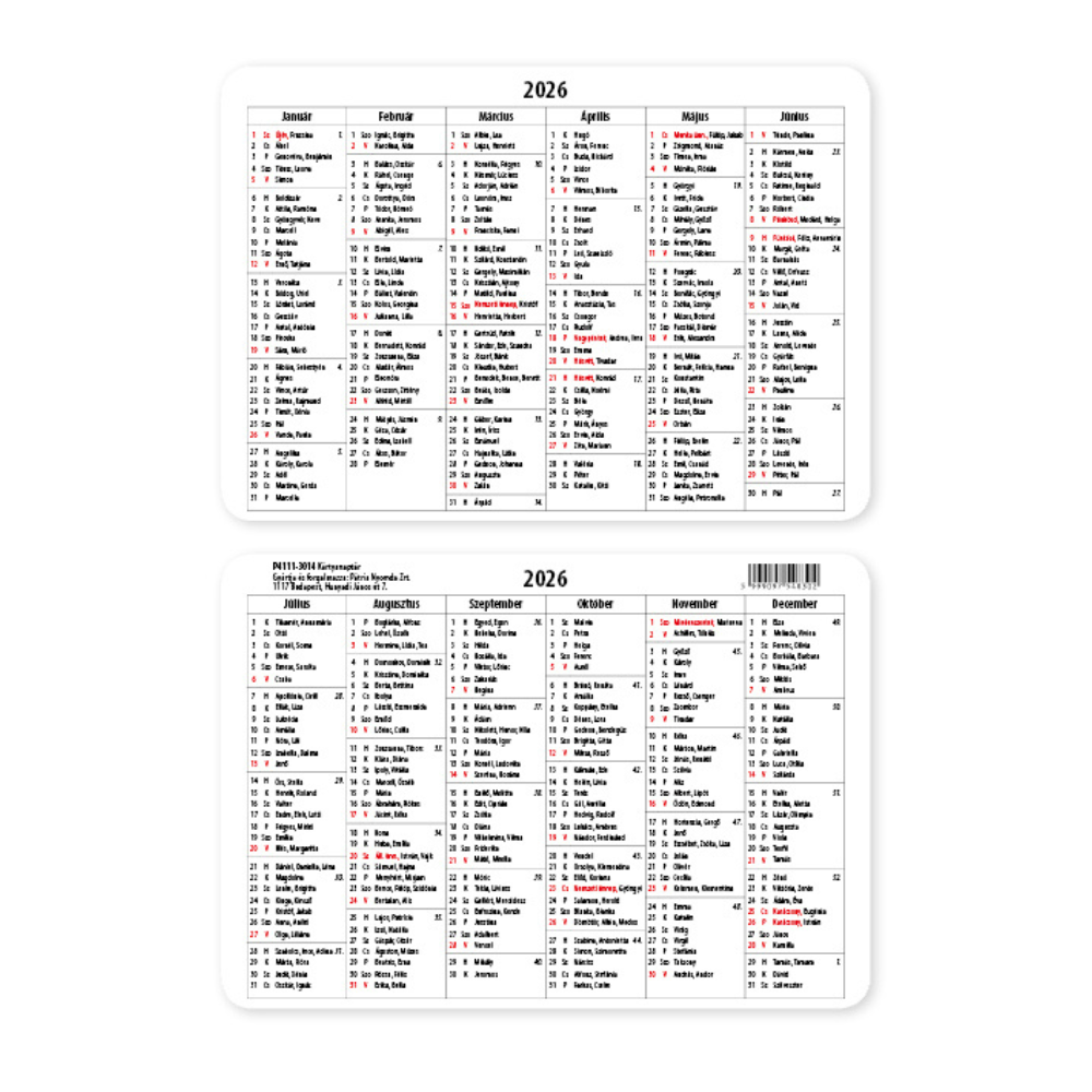 PD 2026 fekvő kártyanaptár