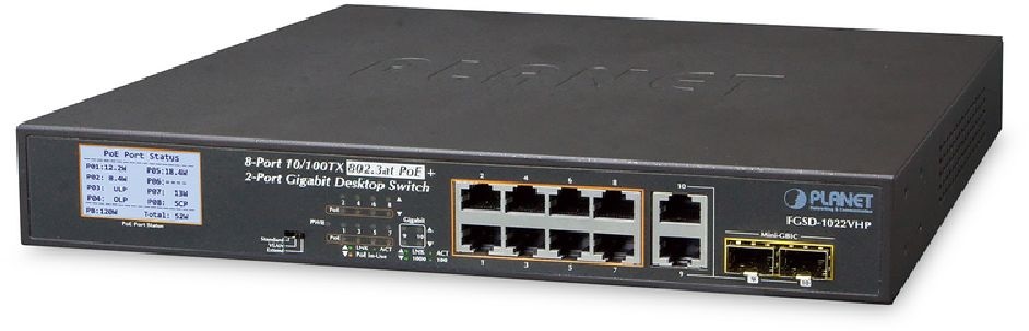 PLANET FGSD-1022VHP 19" 8port 10/100Mbps 2xSFP menedzselhető PoE switch