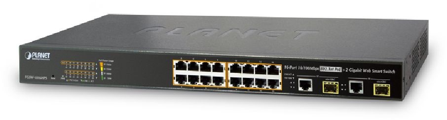 PLANET FGSW-1816HPS 19" 16port 10/100Mbps 2xSFP menedzselhető PoE switch
