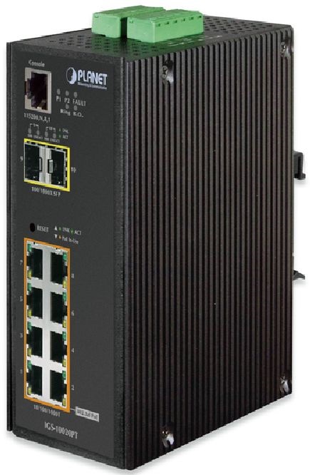 PLANET IGS-10020PT DIN sínre szerelhető 8port GbE LAN 2xSFP menedzselhető ipari PoE switch