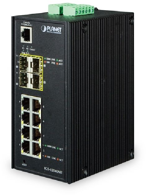 PLANET IGS-12040MT DIN sínre szerelhető 8port GbE LAN 4xSFP L2 menedzselhető ipari switch