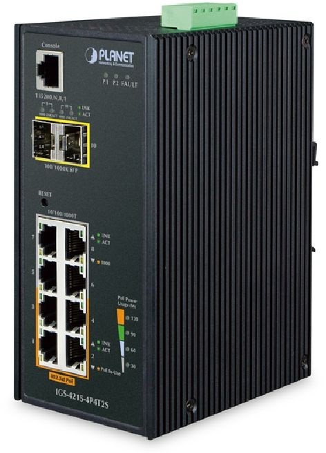 PLANET IGS-4215-4P4T2S DIN sínre szerelhető 4port GbE LAN 2xSFP menedzselhető ipari PoE switch