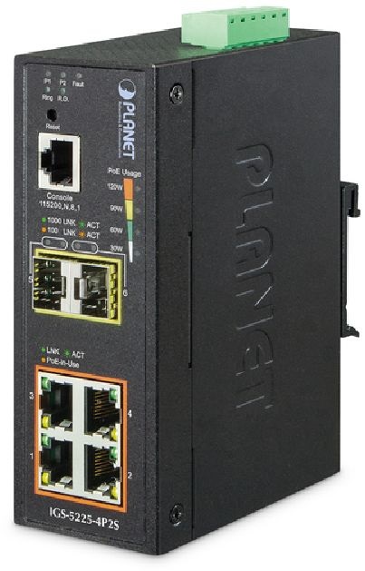 PLANET IGS-5225-4T2S DIN sínre szerelhető 4port GbE LAN 2xSFP L2+ nem menedzselhető ipari switch