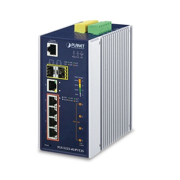 PLANET IGS-5225-4UP1T2S DIN sínre szerelhető 4port GbE LAN 2xSFP L2+ nem menedzselhető ipari PoE+ switch