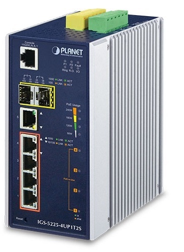 PLANET IGS-5225-4UP1T2S DIN sínre szerelhető 4port GbE LAN 2xSFP L2+ nem menedzselhető ipari PoE+ switch