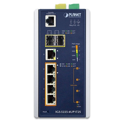 PLANET IGS-5225-4UP1T2S DIN sínre szerelhető 4port GbE LAN 2xSFP L2+ nem menedzselhető ipari PoE+ switch