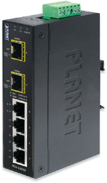 PLANET IGS-620TF DIN sínre szerelhető 4port GbE LAN 2xSFP nem menedzselhető ipari switch