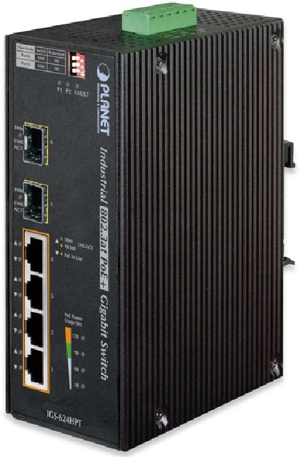 PLANET IGS-624HPT DIN sínre szerelhető 4port GbE LAN 2xSFP nem menedzselhető ipari PoE switch