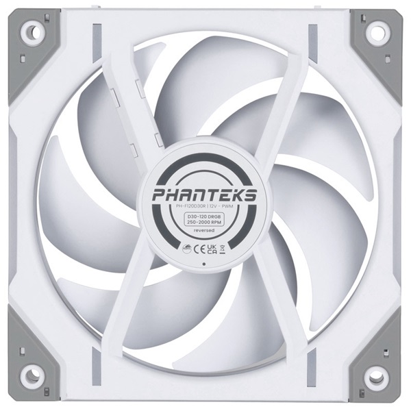 Phanteks D30 reverse Airflow 120mm PWM D-RGB L (fordított légáram) fehér ventilátor