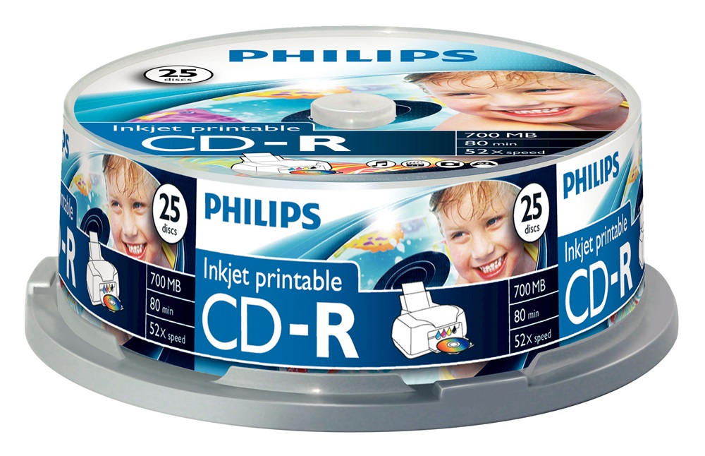 Philips CD-R80IW 52x nyomtatható cake box lemez 25db/csomag