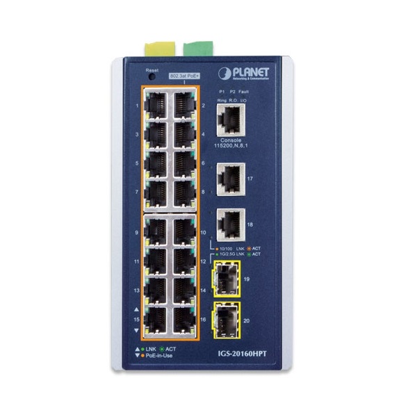 PLANET IGS-20160HPT DIN sínre szerelhető 16x GbE LAN 802.at PoE+ 2x 1G/2.5G SFP L3 menedzselhető ipari PoE switch
