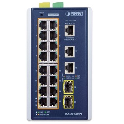 PLANET IGS-20160HPT DIN sínre szerelhető 16x GbE LAN 802.at PoE+ 2x 1G/2.5G SFP L3 menedzselhető ipari PoE switch