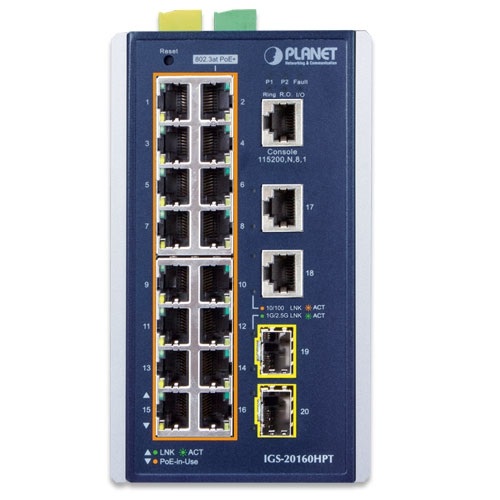 PLANET IGS-20160HPT DIN sínre szerelhető 16x GbE LAN 802.at PoE+ 2x 1G/2.5G SFP L3 menedzselhető ipari PoE switch