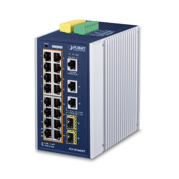 PLANET IGS-20160HPT DIN sínre szerelhető 16x GbE LAN 802.at PoE+ 2x 1G/2.5G SFP L3 menedzselhető ipari PoE switch