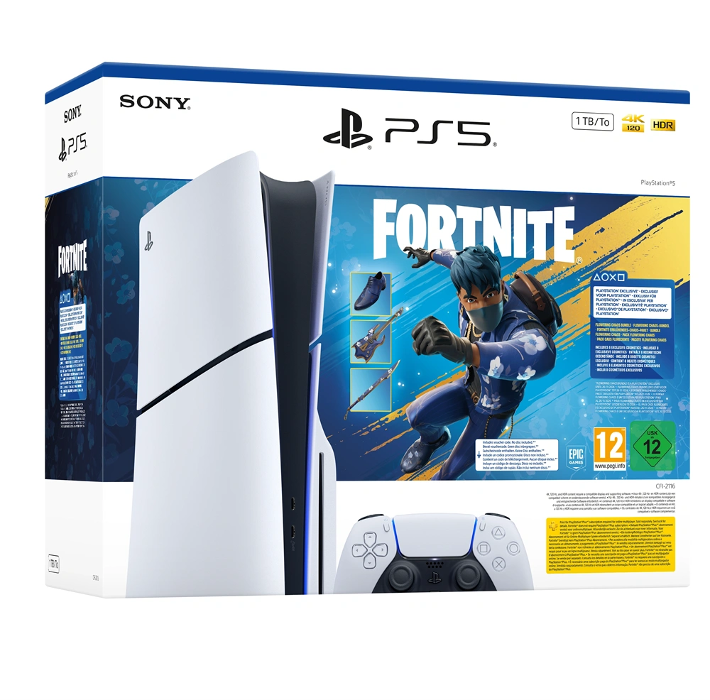 PlayStation®5 1TB lemezes (slim) E-Chassis Fortnite Flowering Chaos Bundle játékkonzol csomag