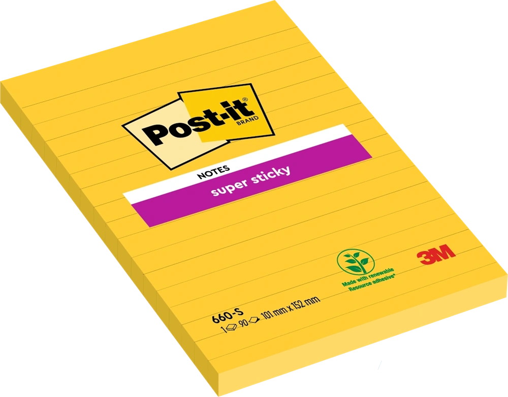 Post-it Super Sticky 102x152mm vonalas 90 lapos nárciszsárga jegyzettömb 100% PEFC, SGSCH-PEFC-COC-110078