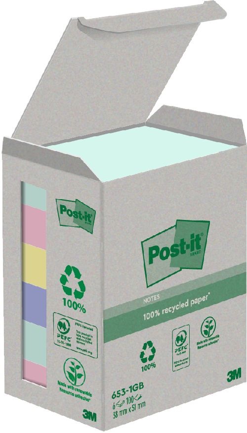 Post-it 38x51mm újrahasznosított 100lapos 6db vegyes jegyzettömb