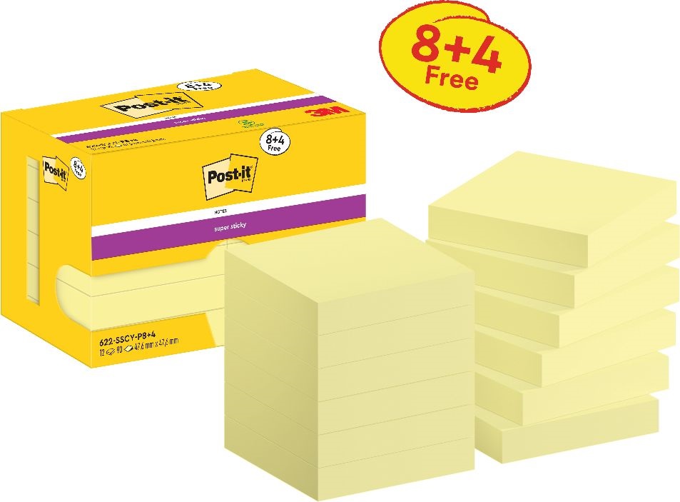 Post-it Super Sticky 622-SSCY 47,6x47,6mm 90lapos 8+4 tömb kanárisárga öntapadós jegyzettömb