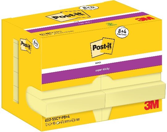 Post-it Super Sticky 622-SSCY 47,6x47,6mm 90lapos 8+4 tömb kanárisárga öntapadós jegyzettömb