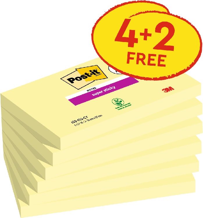 Post-it Super Sticky 655-SSCY 76x127mm 90lapos 4+2 tömb kanárisárga öntapadós jegyzettömb